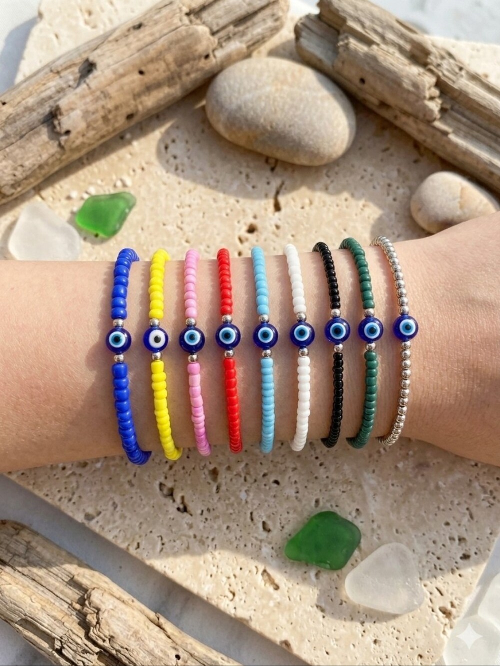 Evil Eye Seed Beads Bracelets With Silver Accents- Size 6.5 Inches